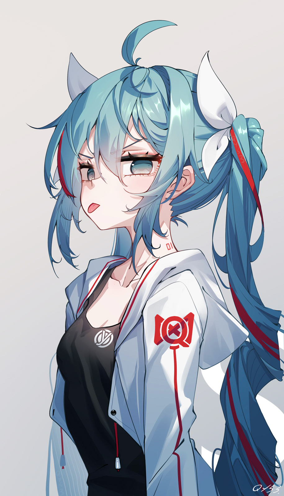 1girl ahoge black_camisole blue_eyes blue_hair breasts camisole cleavage closed_mouth collarbone commentary_request drawstring grey_background hair_between_eyes hair_ribbon hatsune_miku highres hood hood_down hooded_jacket jacket long_hair looking_at_viewer open_clothes open_jacket qys3 ribbon signature simple_background small_breasts solo tongue tongue_out twintails v-shaped_eyebrows very_long_hair vocaloid white_jacket white_ribbon