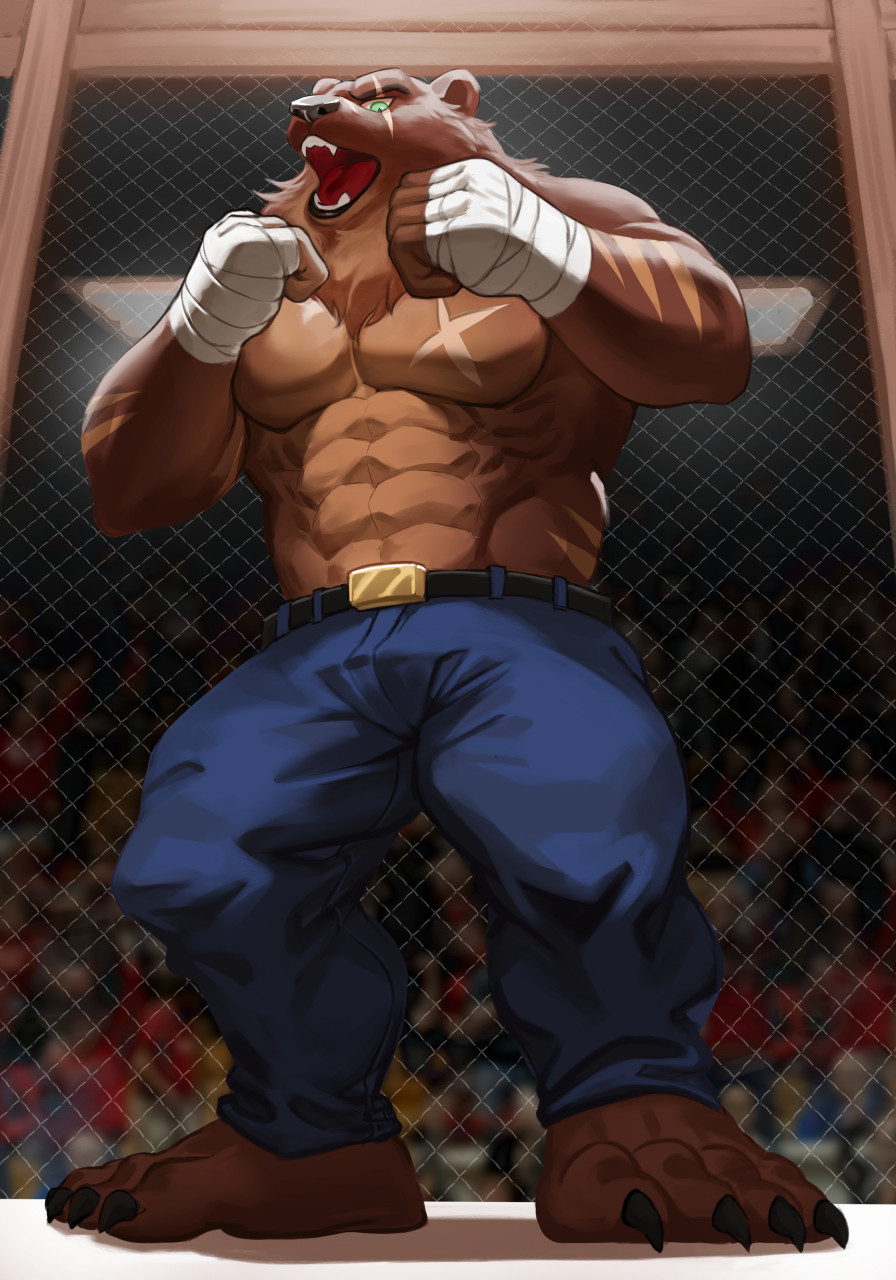 abs anthro bear beautifulpanda20 boxing boxing_tape brown_bear chest_scar crowd eye_scar facial_scar fighting_pose fighting_ring grizzly_bear grizzlygus group gus_(grizzlygus) hi_res kodiak_bear male mammal muscular pose scar shirtless_male solo sport ursine