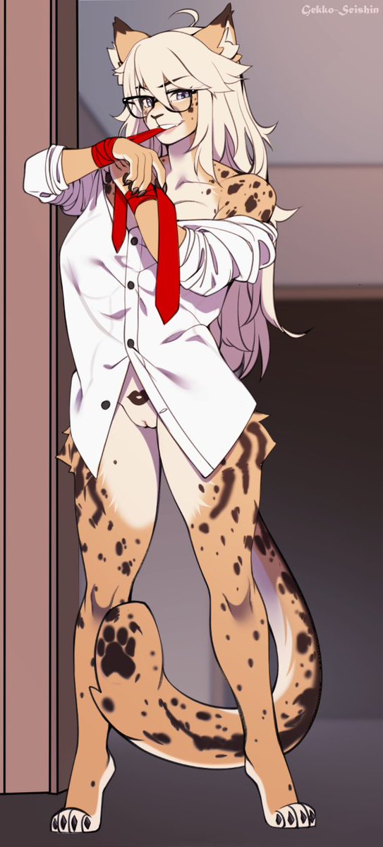 anthro bottomless cheetah claws clothed clothing dress_shirt felid feline female footprint fur gekko-seishin genitals hair inner_ear_fluff inside mammal necktie necktie_in_mouth pawprint pawprint_marking pussy shirt smile solo spots spotted_body spotted_fur standing standing_in_doorway tara_(spacecamper) toe_claws topwear tuft white_hair yellow_body yellow_fur