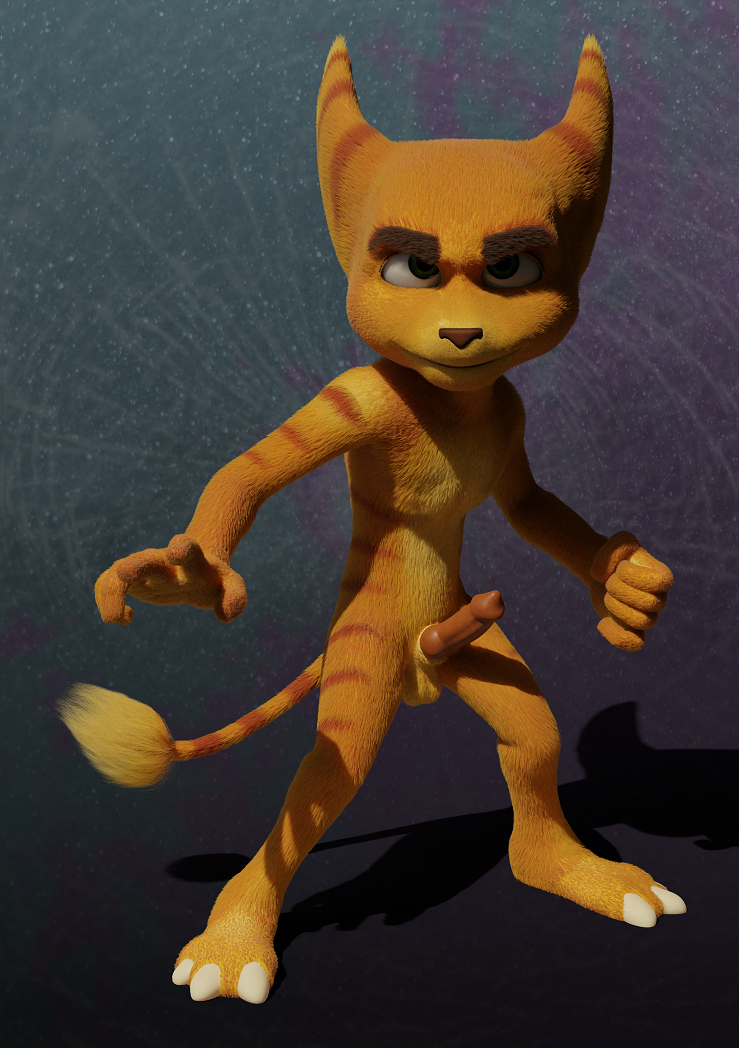 3d_(artwork) anthro balls big_ears blender_(software) claws digital_media_(artwork) erection feet fist front_view fur genitals green_eyes light_belly lombax looking_at_viewer male mammal markings nude on_model penis pink_penis ratchet ratchet_and_clank ring_(marking) ringtail rockyrcoon simple_background solo sony_corporation sony_interactive_entertainment standing stripes tail tail_markings tail_tuft toe_claws tuft yellow_body yellow_fur