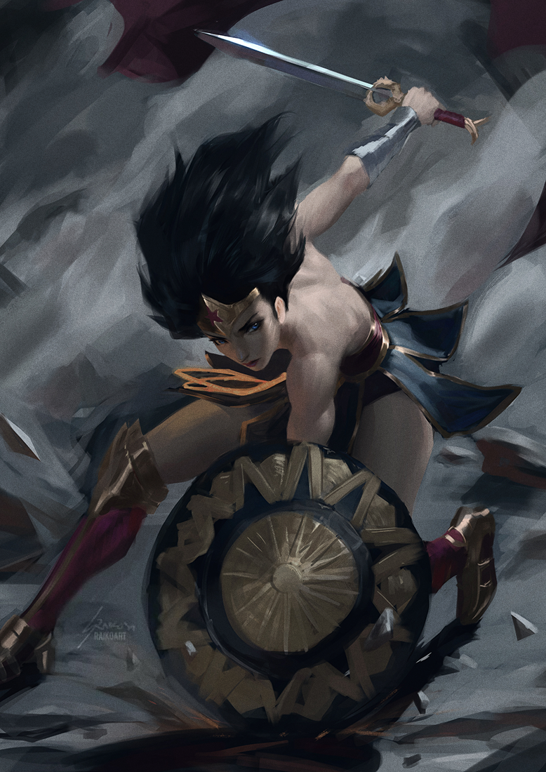 armor artist_name black_hair blue_eyes boots bracer dc_comics faulds floating_clothes floating_hair greaves holding holding_shield holding_weapon lasso_of_truth leotard long_hair muscular muscular_female raikoart red_lips rubble shadow shield solo star_(symbol) strapless strapless_leotard superhero superhero_landing sword tiara weapon wonder_woman