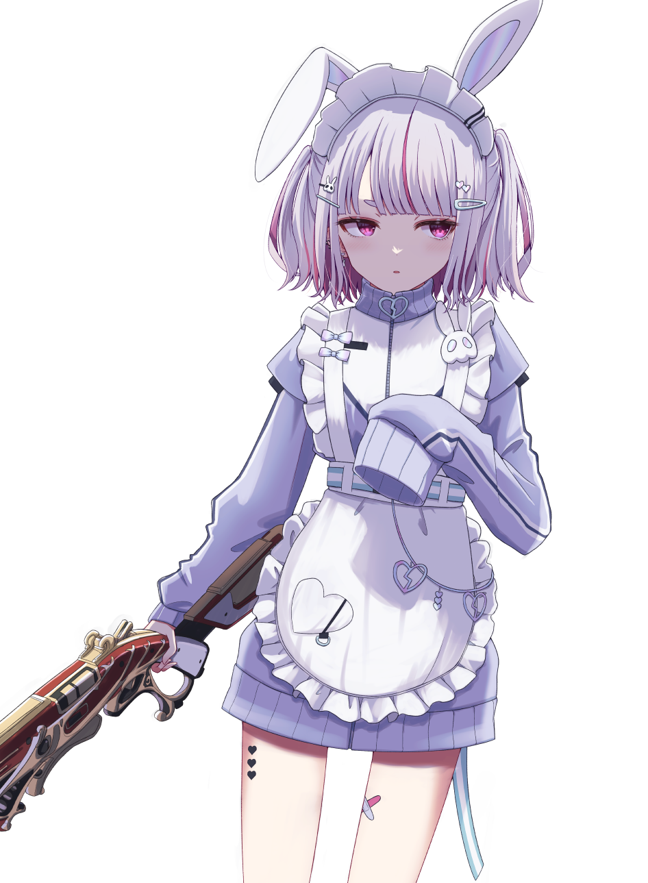1girl 30-30_repeater animal_ears apron dress eyebrows_hidden_by_hair frilled_apron frills grey_hair gun hair_ornament hairclip heart heart_hair_ornament herumu_(kouzome_mia) highres holding holding_gun holding_weapon juliet_sleeves long_sleeves looking_away looking_to_the_side maid_headdress multicolored_hair parted_lips pink_hair puffy_sleeves purple_dress purple_eyes rabbit_ears rabbit_hair_ornament short_eyebrows simple_background solo standing streaked_hair thick_eyebrows tosaki_mimi two_side_up unaligned_ears virtual_youtuber vspo! weapon white_apron white_background