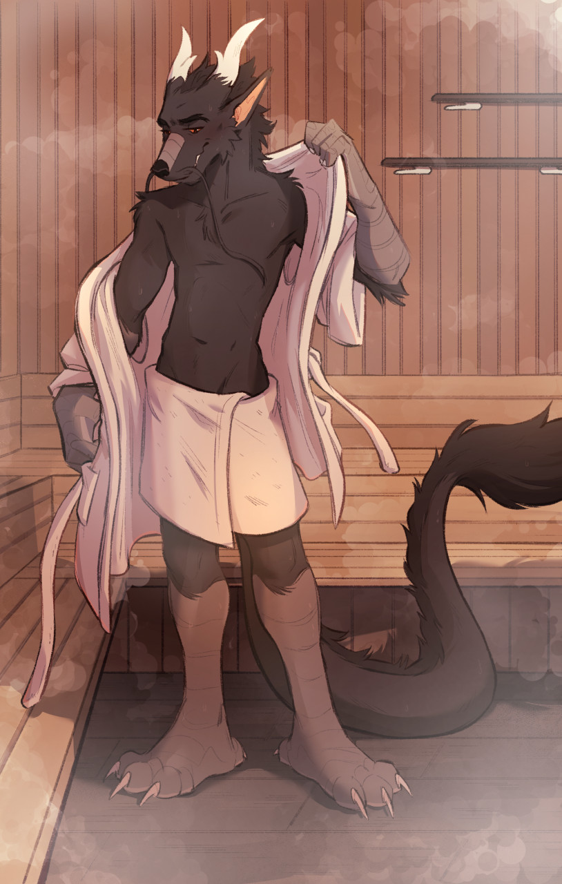 bathrobe clothed clothing dragon eastern_dragon eenocs hi_res horn inside male red_eyes robe scuted_arms scuted_legs scutes solo standing tail towel_around_waist unknown_character whiskers