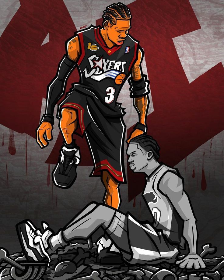 2boys allen_iverson basketball_uniform dark_skin drawing humiliation jersey looking_at_another multiple_boys national_basketball_association non-web_source real_life sportswear