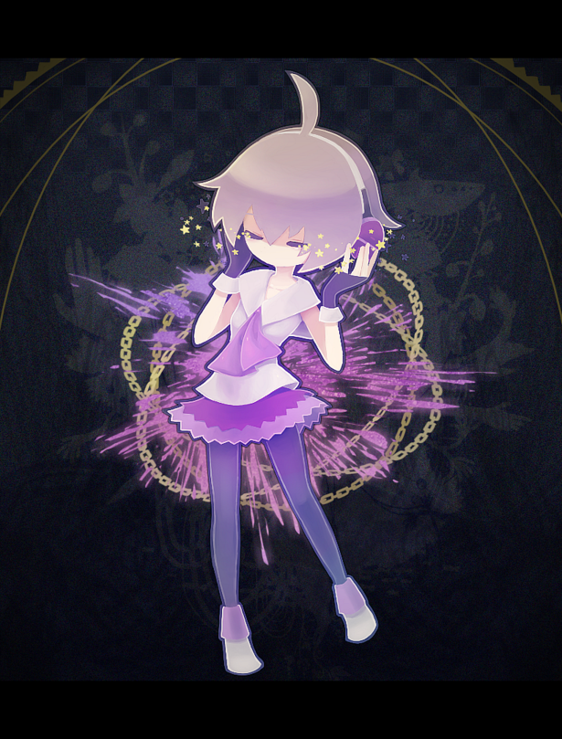 1girl abstract_background ahoge chain fingerless_gloves gloves hands_on_headphones headphones naname_(fossama1) neckerchief nia_(pop'n_music) no_mouth pantyhose pop'n_music purple_eyes purple_hair purple_neckerchief purple_skirt shirt skirt solo star_(symbol) tearing_up white_shirt