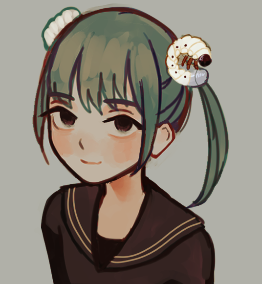 1girl black_sailor_collar black_serafuku brown_eyes bug closed_mouth english_commentary green_hair grey_background grubs hair_ornament insect_hair_ornament io_(onisarashi) larva looking_at_viewer medium_hair original sailor_collar school_uniform serafuku simple_background smile solo twintails upper_body