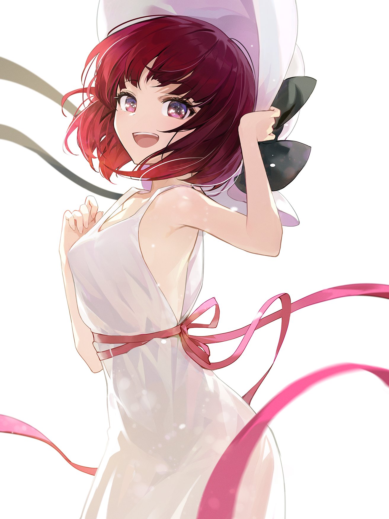 1girl arima_kana armpits black_ribbon bob_cut commentary dress goomrrat hat highres holding holding_clothes holding_hat inverted_bob looking_at_viewer medium_hair open_mouth oshi_no_ko pink_ribbon red_eyes red_hair ribbon see-through_silhouette simple_background sleeveless sleeveless_dress smile solo sundress white_background white_dress white_headwear