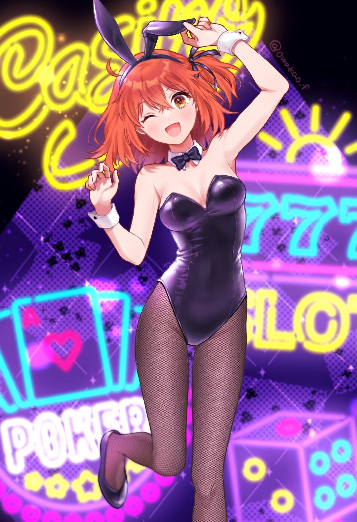 1girl animal_ears bare_shoulders black_bow black_bowtie black_leotard blush bow bowtie breasts brown_eyes card cleavage detached_collar dice fake_animal_ears fate/grand_order fate_(series) fishnet_pantyhose fishnets foot_out_of_frame fujimaru_ritsuka_(female) hands_up leotard looking_at_viewer medium_breasts medium_hair neon_lights one_eye_closed one_side_up open_mouth orange_hair pantyhose playboy_bunny playing_card rabbit_ears smile solo strapless strapless_leotard waka_(owakao_f) wrist_cuffs