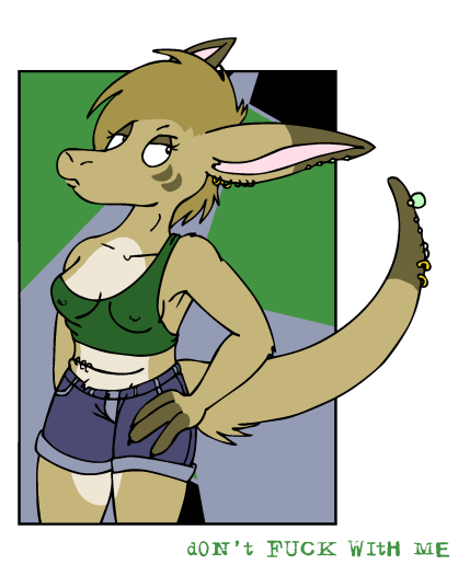 bottomwear brown_body brown_fur clothing ear_piercing ear_ring english_text female fur furgonomics furry-specific_piercing kangaroo macropod mammal marsupial nipple_outline piercing pouch_(anatomy) pouch_piercing ring_piercing shirt shorts tabbiewolf tail tail_piercing tank_top text topwear