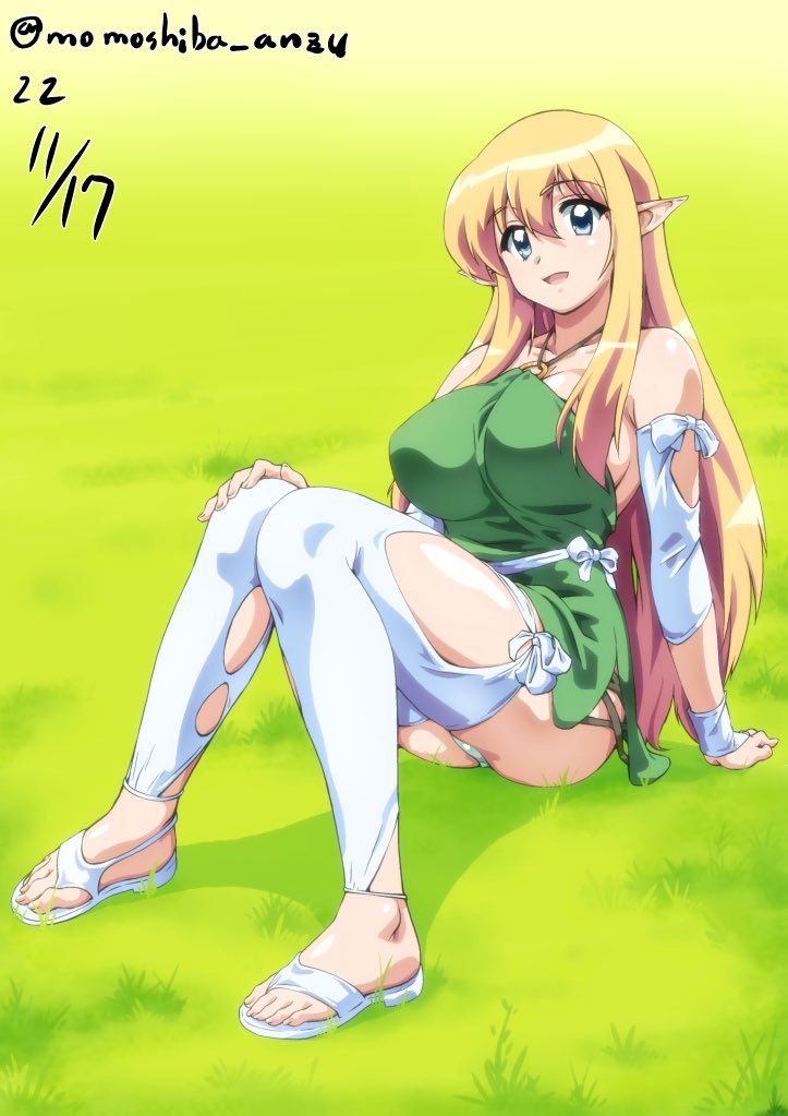 1girl blonde_hair blue_eyes dated detached_sleeves dress elf feet grass green_dress knees_up long_hair looking_at_viewer nafta pointy_ears sandals signature sitting solo thighhighs tiffania_westwood toes very_long_hair white_thighhighs zero_no_tsukaima