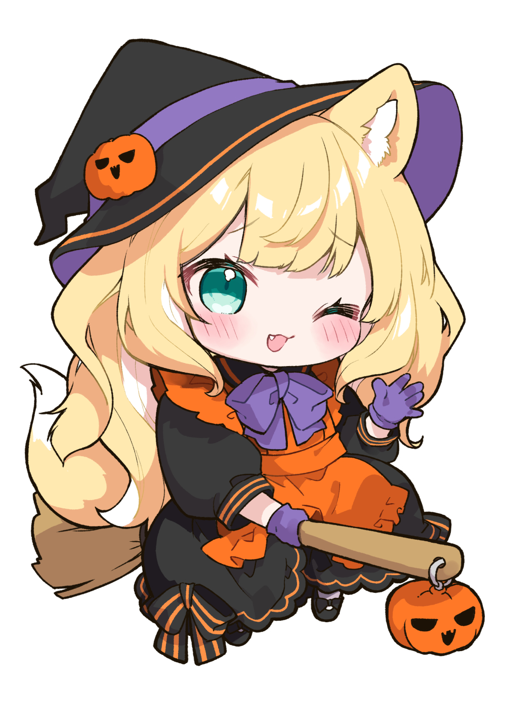 1girl :3 animal_ear_fluff animal_ears apron black_dress blonde_hair blush bow broom broom_riding chibi colored_inner_hair commentary_request dress fang fox_ears fox_girl fox_tail fuwafuwa-chan_(kamiyoshi_rika) gloves green_eyes halloween hand_up hat highres jack-o'-lantern_ornament kamiyoshi_rika long_hair multicolored_hair one_eye_closed open_mouth orange_apron original purple_bow purple_gloves simple_background smile solo tail wavy_hair white_background witch_hat