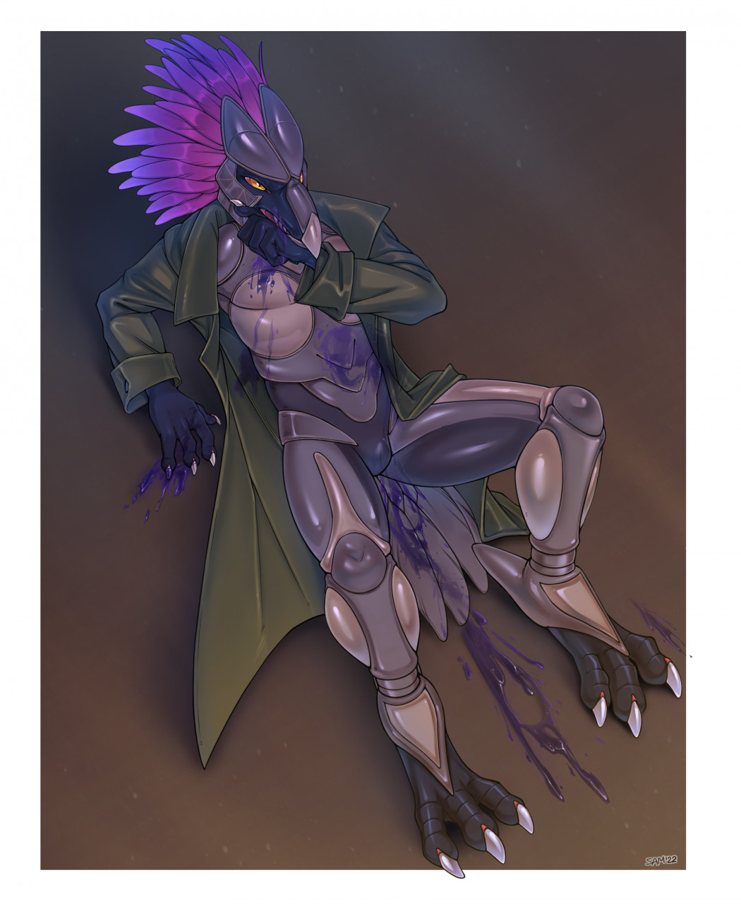 4_fingers alien anthro arm_support armor avian backward_arm_support barefoot beak blood blood_in_mouth blood_on_chest blood_on_clothing blood_on_floor blood_on_hand blood_on_tail blood_splatter bodily_fluids body_armor border bulge claws clothed clothing colored digitigrade fangs feathered_crest feathers feet finger_claws fingers fully_clothed grey_body grey_scutes grey_skin halo_(series) head_crest headgear helmet hi_res kig-yar long_coat looking_offscreen male microsoft multicolored_body multicolored_feathers oel on_ground pink_sclera purple_blood purple_body purple_feather_hair purple_feathers raised_finger raised_pinky scalie scuted_feet scutes sharp_teeth solo t'vaoan t-fruit tail_feathers teeth toe_claws two_tone_body two_tone_feather_hair two_tone_feathers white_border wiping_mouth xbox_game_studios yellow_eyes