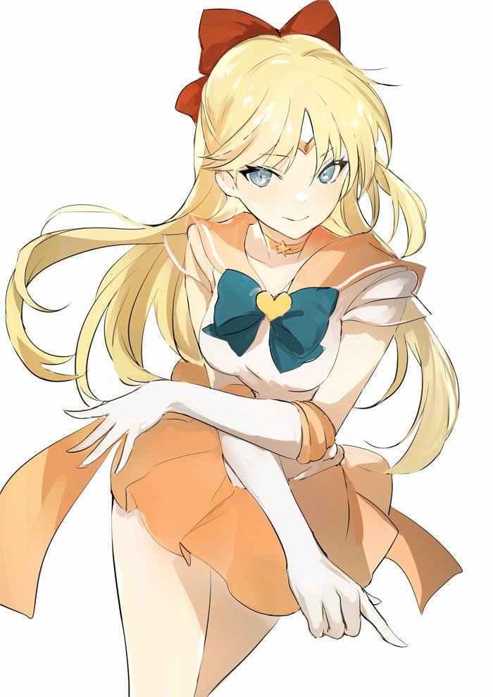 1girl aino_minako back_bow bangs bishoujo_senshi_sailor_moon blonde_hair blue_bow blue_bowtie blue_eyes blush bow bowtie breasts choker closed_mouth crossed_arms elbow_gloves gloves hair_between_eyes hair_bow hands_up heart long_hair looking_to_the_side lpip medium_breasts miniskirt orange_bow orange_choker orange_skirt parted_bangs red_bow sailor_collar sailor_venus shirt simple_background skirt sleeveless sleeveless_shirt smile solo standing star_(symbol) star_choker white_background white_gloves white_shirt