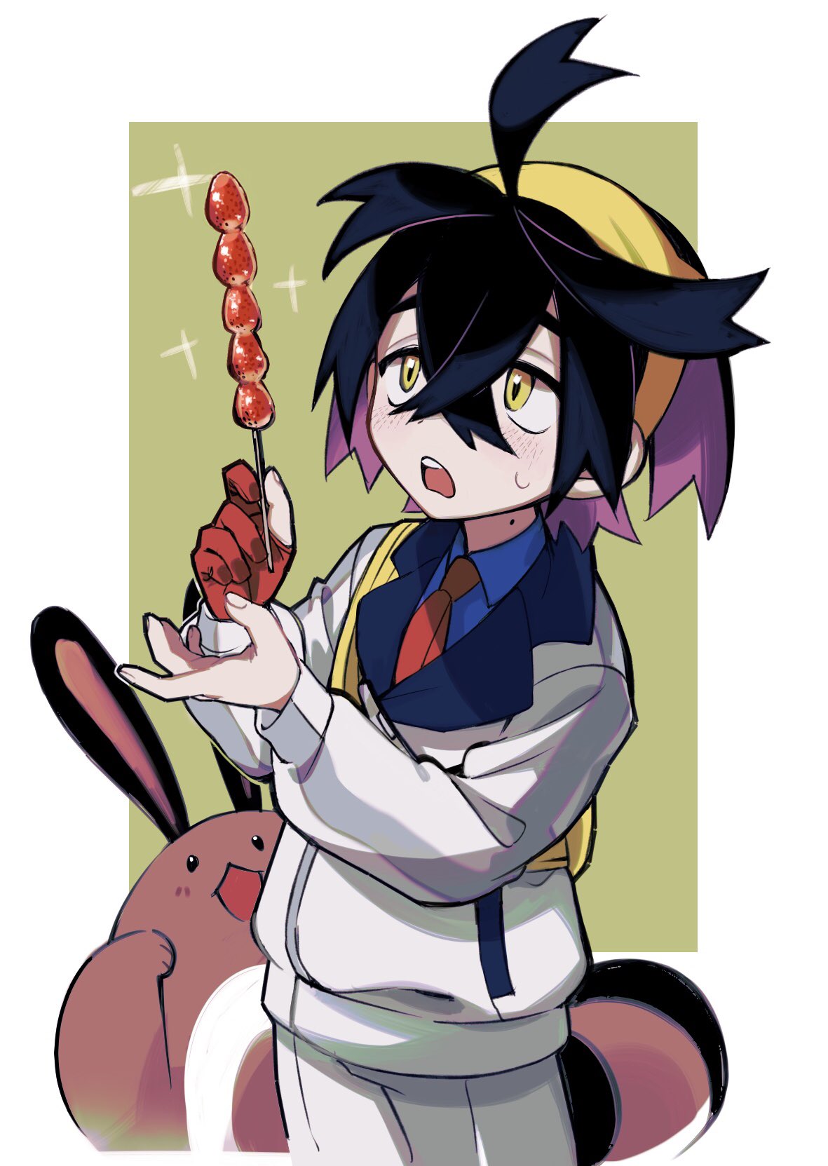 1boy black_hair blue_shirt blush collared_shirt food furret gloves hairband highres holding holding_food ieiieiiei jacket kieran_(pokemon) long_sleeves male_focus mole mole_on_neck multicolored_hair necktie open_mouth partially_fingerless_gloves pokemon pokemon_(creature) pokemon_(game) pokemon_sv purple_hair red_gloves shirt simple_background single_glove sparkle sweat two-tone_background white_jacket yellow_eyes yellow_hairband