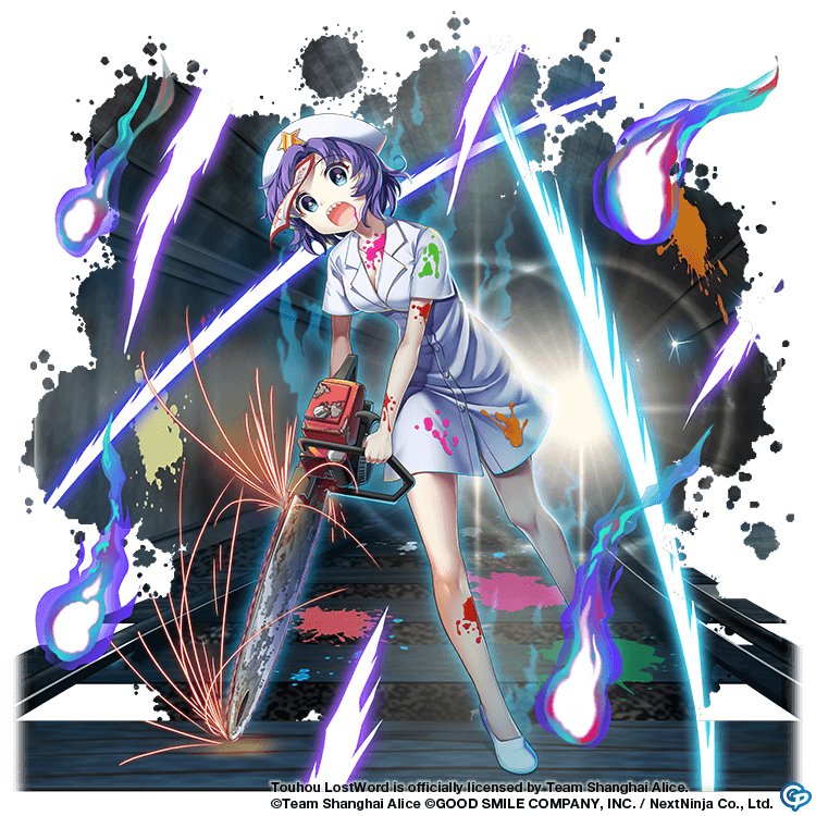 1girl alternate_costume beret blue_eyes breasts chainsaw cleavage commentary copyright_name dress english_commentary full_body game_cg hat hat_ornament holding holding_chainsaw lens_flare looking_at_viewer miyako_yoshika miyako_yoshika_(chainsaw_nurse) nurse open_mouth purple_hair rotte_(1109) sharp_teeth short_hair short_sleeves solo stain stained_clothes star_(symbol) star_hat_ornament teeth third-party_source touhou touhou_lost_word white_dress white_footwear white_headwear