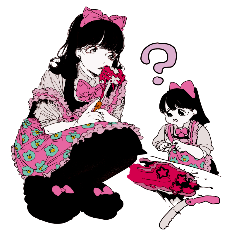 2girls ? apron black_eyes black_hair bobbbob bow bowtie chibi collared_shirt dual_persona earrings hair_bow index_fingers_together jewelry knife looking_to_the_side meat_tenderizer multiple_girls original pantyhose ponytail shirt slippers splatter squatting worried