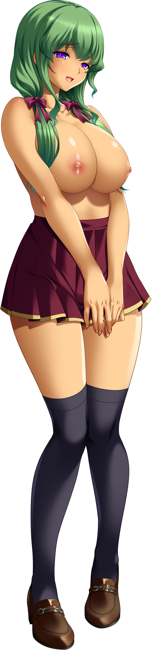 1girl absurdres akagi_rio breasts brown_footwear full_body green_hair hair_over_shoulder high-waist_skirt highres huge_breasts kutsujoku loafers long_hair miniskirt nipples nitou_tomoe non-web_source official_art open_mouth over-kneehighs photoshop_(medium) pleated_skirt purple_eyes red_skirt seductive_smile shoes skirt smile solo tachi-e tall_image thighhighs topless transparent_background twintails v_arms