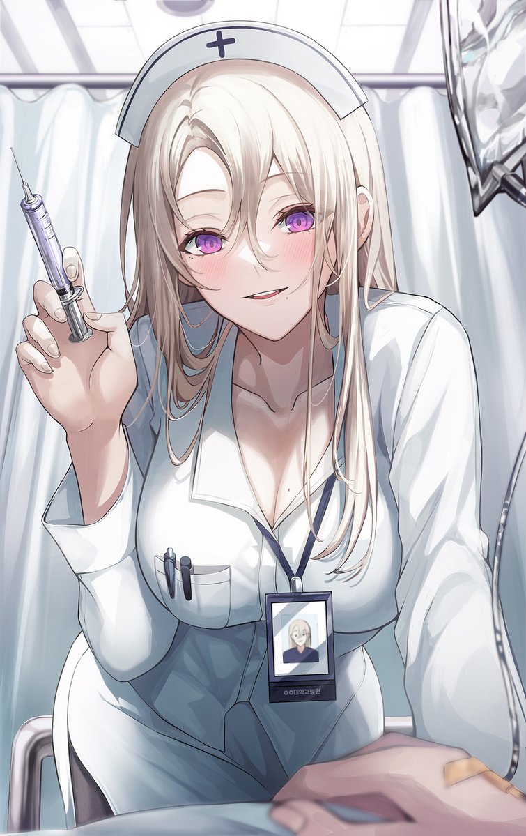 1girl blush breasts brown_hair cleavage collarbone dress gongha hat holding holding_syringe id_card large_syringe long_hair long_sleeves looking_at_viewer mole mole_under_eye mole_under_mouth nurse nurse_cap original oversized_object pov purple_eyes skirt smile solo_focus syringe