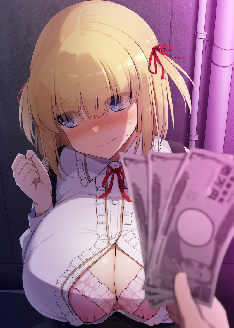1boy 1girl averting_eyes blonde_hair blouse blue_eyes blurry blush bra breasts cleavage_cutout closed_mouth clothing_cutout collared_shirt commentary_request depth_of_field facing_viewer frilled_bra frilled_shirt frilled_shirt_collar frills frown furrowed_brow hair_ribbon hands_up holding holding_money huge_breasts industrial_pipe kurikara money neck_ribbon nose_blush open_clothes open_shirt original partially_unbuttoned pink_bra pov pov_hands prostitution red_ribbon ribbon shirt short_hair strap sweat taut_clothes taut_shirt two_side_up underwear upper_body wavy_mouth white_shirt
