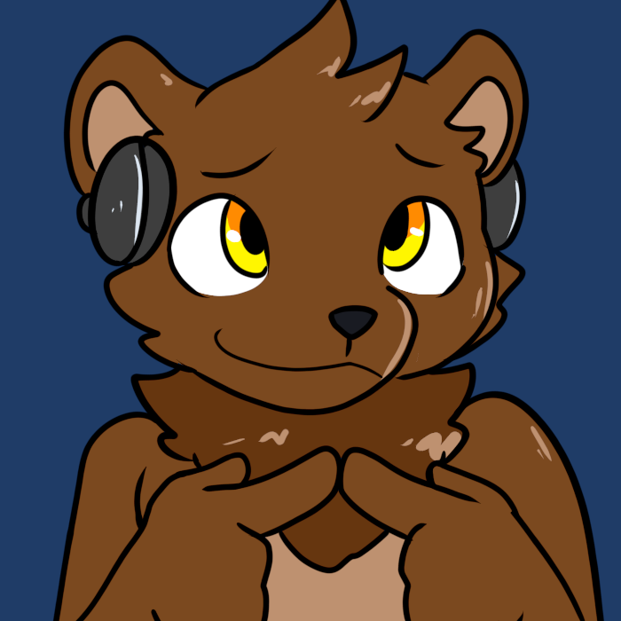 2023 anthro bear bearphones blue_background brown_bear brown_body brown_fur fur grizzly_bear headphones looking_up male mammal neck_tuft prate-dragon questioning reaction_image simple_background smile tuft ursine