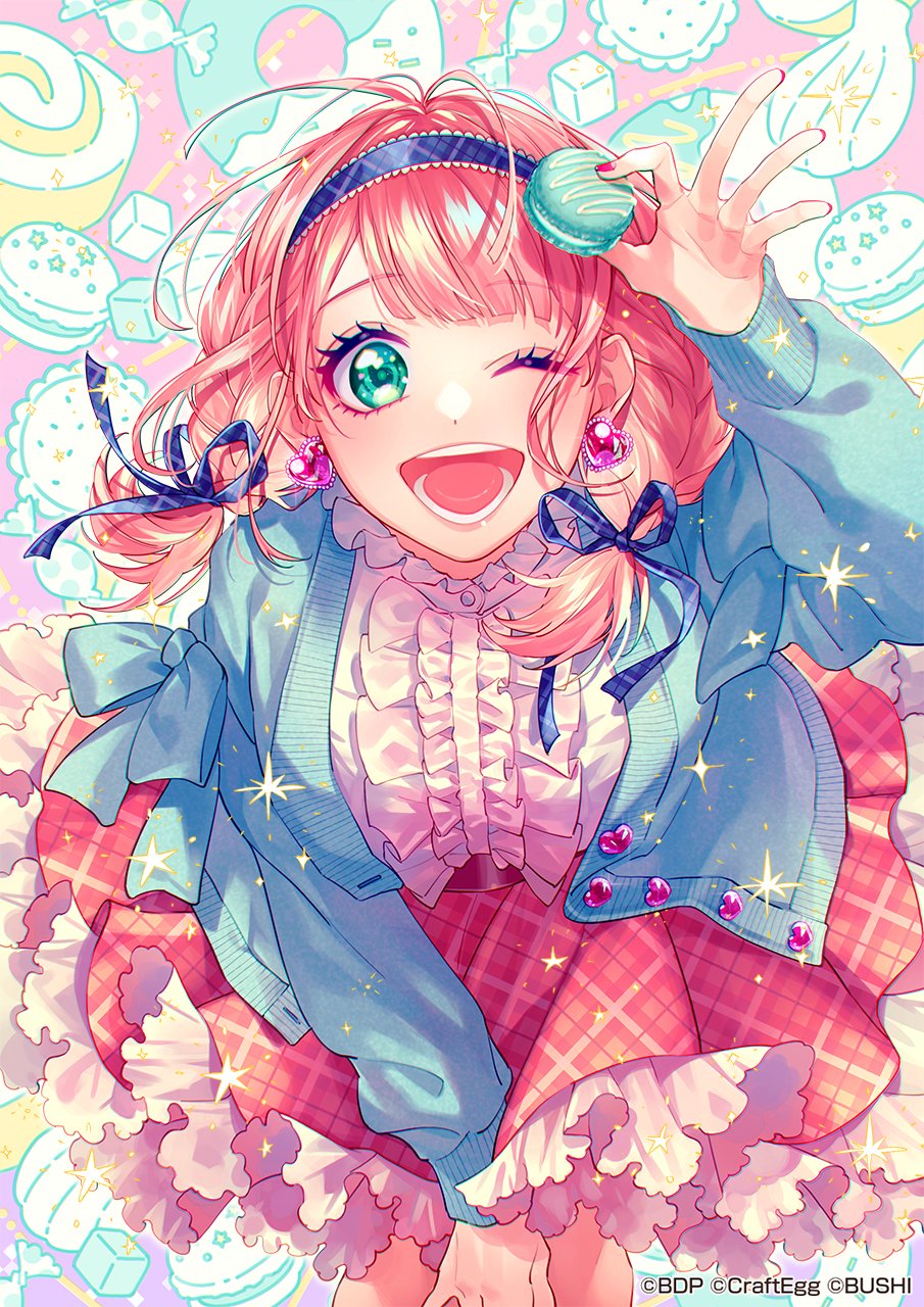 1girl aqua_eyes bang_dream! breasts earrings food frilled_skirt frills heart heart_earrings highres holding holding_food jewelry large_breasts long_hair long_sleeves looking_at_viewer low_twintails macaron official_art one_eye_closed open_mouth pink_hair pink_nails red_skirt skirt twintails uehara_himari yamako_(state_of_children)
