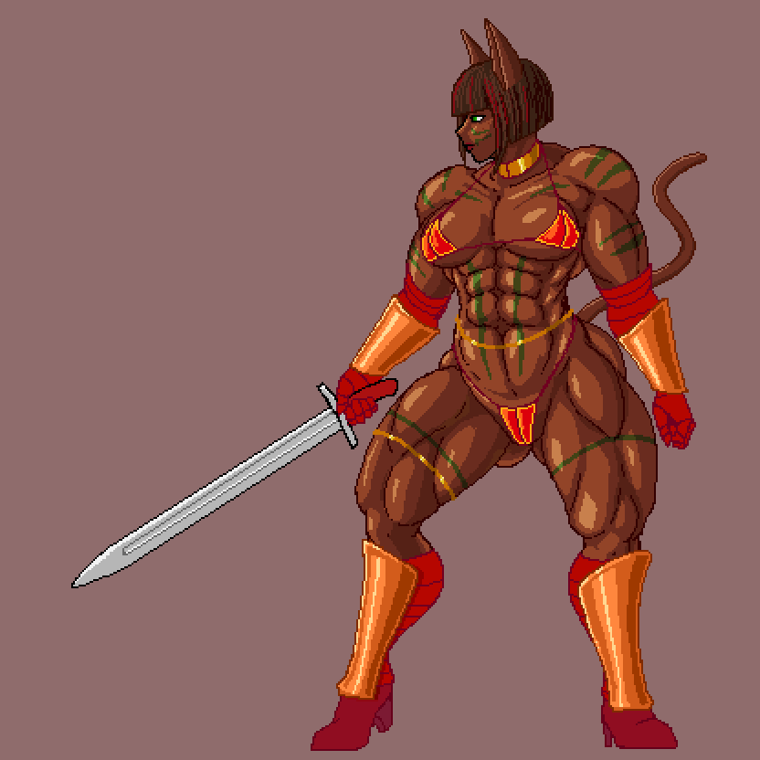 abs adelheidxvi animal_ears animal_humanoid animal_tail armor bikini brown_hair butt_from_the_front cat_humanoid clothing dark_body dark_skin digital_media_(artwork) felid felid_humanoid feline feline_humanoid female green_eyes green_markings hair holding_object holding_sword holding_weapon humanoid jewelry mammal mammal_humanoid markings melee_weapon muscular muscular_female navel necklace orange_bikini orange_clothing orange_swimwear pixel_(artwork) purple_background simple_background solo swimwear sword thick_thighs unconvincing_armor weapon wide_hips