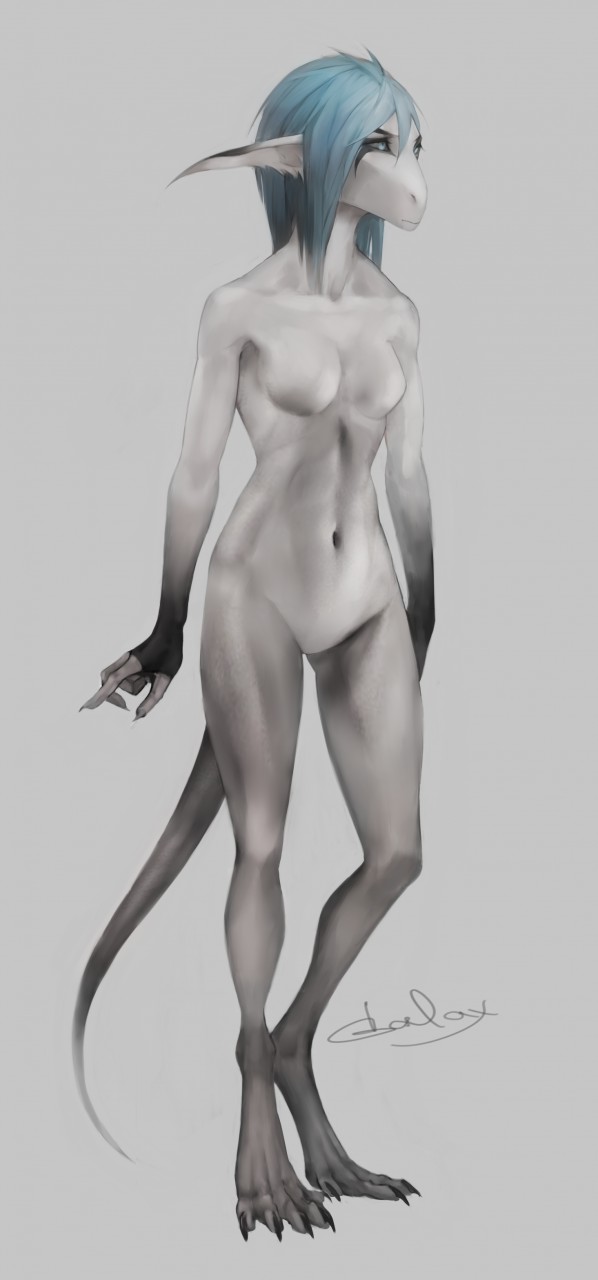 5_toes akrolayn ambiguous_species anthro biped black_body black_ears black_hands black_markings black_sclera black_skin blue_eyes blue_hair breasts claws detailed digitigrade featureless_crotch feet female full-length_portrait grey_background hair hi_res humanoid_fingers markings navel nude portrait red_claws scalie shaded signature simple_background solo standing three-quarter_view toes unknown_species white_body white_ears white_skin