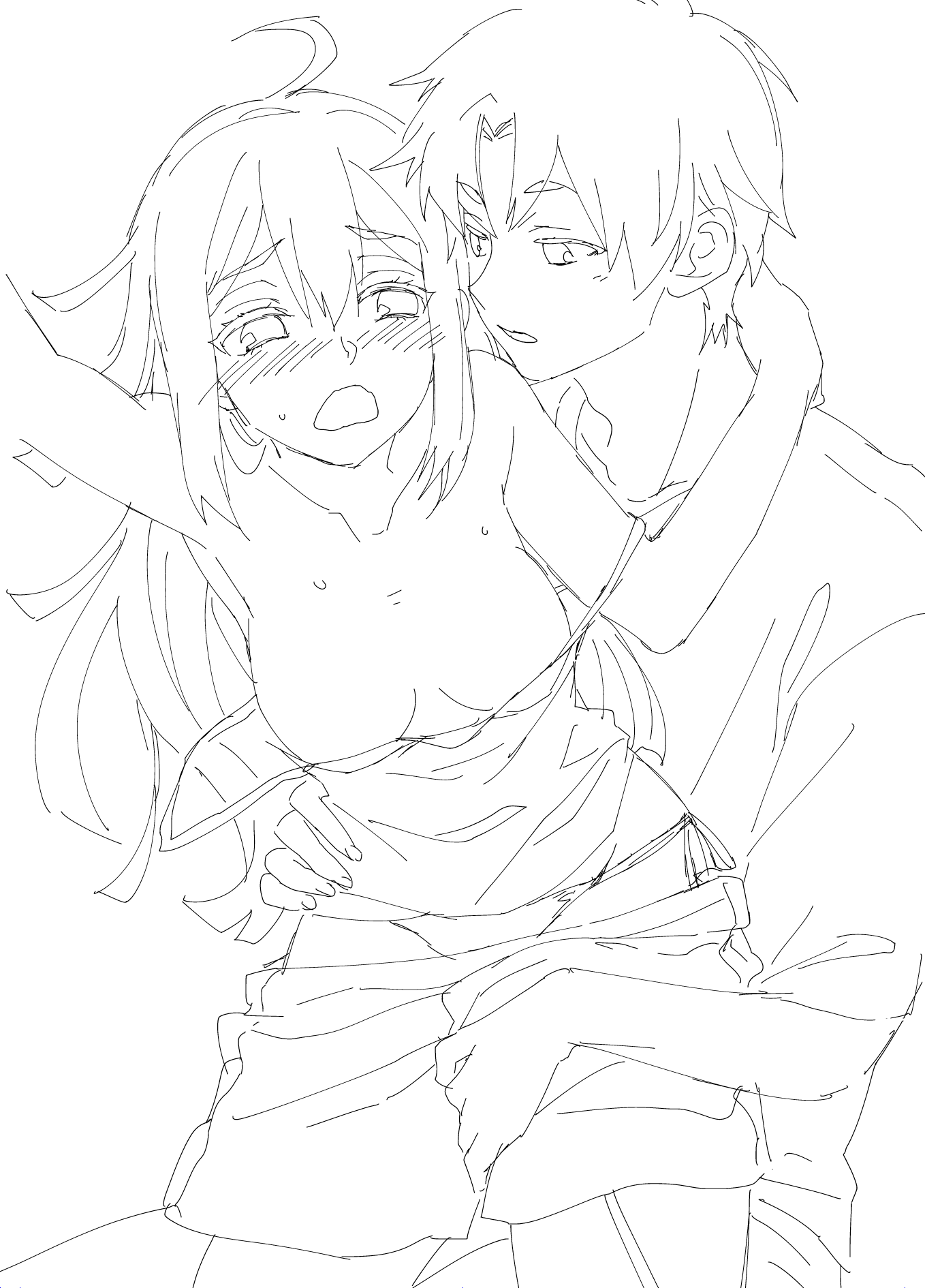 1boy 1girl ahoge arm_around_neck bare_shoulders between_legs blush breasts cleavage clothes_pull cowboy_shot hair_between_eyes hand_between_legs hand_on_another's_hip hetero highres koujiro_frau lineart looking_at_another medium_breasts muiko_i no_bra open_mouth panties parted_bangs parted_lips robotics;notes shirt short_hair shorts shorts_pull sidelocks sleeveless sleeveless_shirt sleeves_rolled_up spaghetti_strap strap_slip sweat underwear undressing_another white_background yashio_kaito