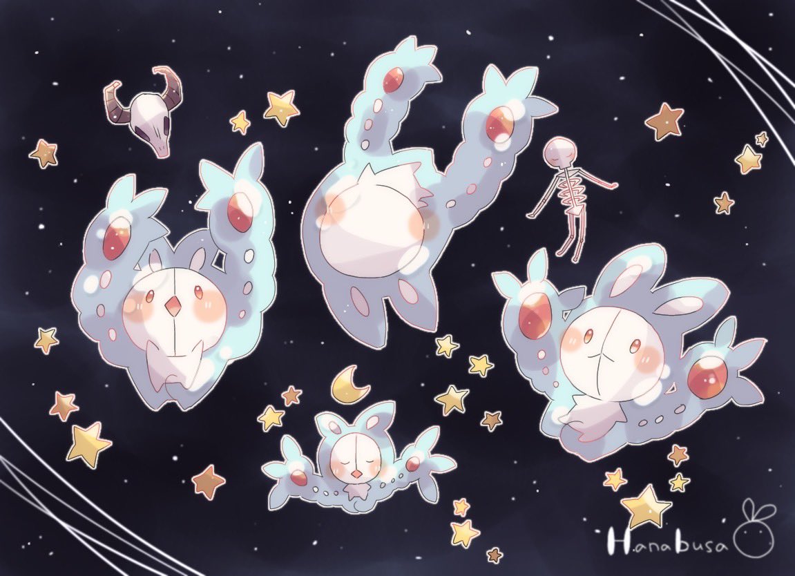 :d animal_focus artist_name closed_eyes crescent_moon floating hanabusaoekaki moon multiple_views night night_sky no_humans pokemon pokemon_(creature) reuniclus skeleton skull sky smile solid_oval_eyes star_(sky) star_(symbol)