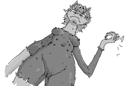 anthro black_body black_fur black_skin disappointed eldritch_abomination female fur genitals holding_object holding_razor holding_tool mammal missy_(napalm_express) monster multi_nipple nipples pussy razor sad safety_razor shaving simple_background sketch solo tools unknown_artist