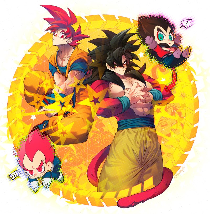 black_hair blue_sash body_fur closed_mouth dougi dragon_ball dragon_ball_gt dragon_ball_super dual_persona gloves long_hair looking_at_viewer male_focus monkey_boy monkey_tail multiple_boys muscular ommmyoh open_mouth pants red_fur saiyan sash smile son_goku spiked_hair super_saiyan super_saiyan_4 super_saiyan_god tail twitter_username vegeta yellow_pants