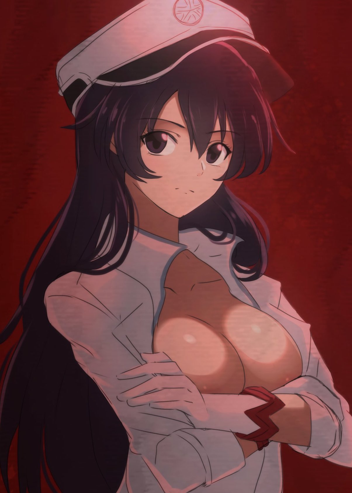 1girl areola_slip bambietta_basterbine black_eyes black_hair bleach bleach:_the_thousand-year_blood_war breasts closed_mouth collarbone commentary_request crossed_arms gloves hair_between_eyes hat highres large_breasts lelie_(lelie_link) long_hair looking_at_viewer military_hat military_jacket military_uniform partially_unbuttoned peaked_cap quincy red_background solo sternritter uniform upper_body wandenreich_uniform white_gloves white_headwear