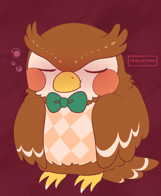2018 angrimator animal_crossing avian bird blathers_(animal_crossing) bow_tie bow_tie_only brown_body chibi full-length_portrait green_bow_tie male mostly_nude nintendo owl portrait red_background signature simple_background sleeping solo
