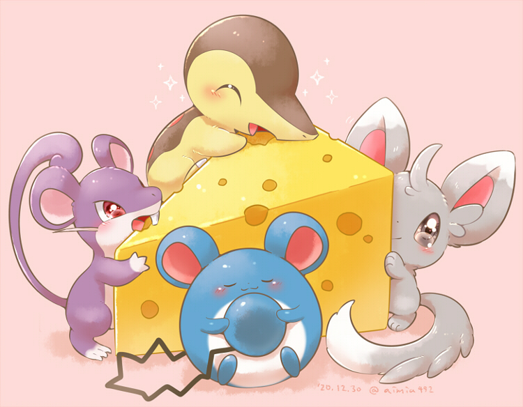 :3 :d ^_^ aimi_(aimia492) artist_name blush brown_eyes cheese closed_eyes closed_mouth commentary_request cyndaquil dated eating food hugging_object looking_at_viewer marill minccino no_humans open_mouth pink_background pokemon pokemon_(creature) rattata red_eyes simple_background sitting smile sparkle teeth twitter_username u_u