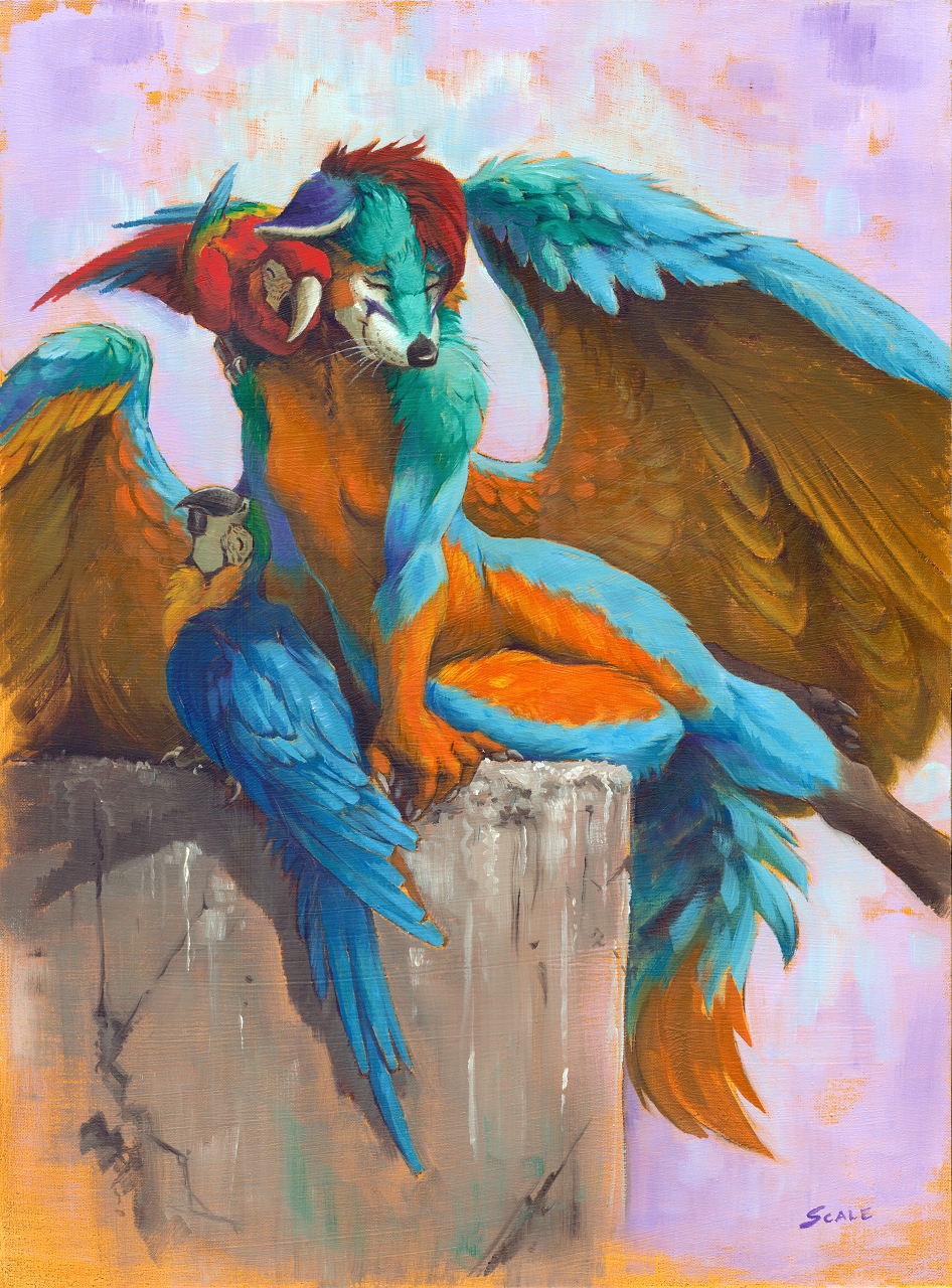 anthro avian bird breasts canid canine featureless_crotch female feral fox hi_res macaw mammal neotropical_parrot nude parrot scale_(artist) solo traditional_media_(artwork) true_parrot wings