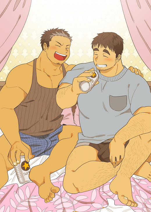 2boys ^_^ arm_hair bara beer_can black_male_underwear black_tank_top blue_male_underwear blush boxer_briefs boxers bulge can closed_eyes couple dark-skinned_male dark_skin dn_dn furrowed_brow goatee_stubble hand_on_another's_shoulder laughing leg_hair looking_at_viewer male_focus male_underwear multicolored_hair multiple_boys no_pants on_bed original otoko_matsuri pectoral_cleavage pectorals short_hair sideburns sideburns_stubble sitting smile streaked_hair striped_tank_top tank_top thick_eyebrows thighs toned toned_male underwear