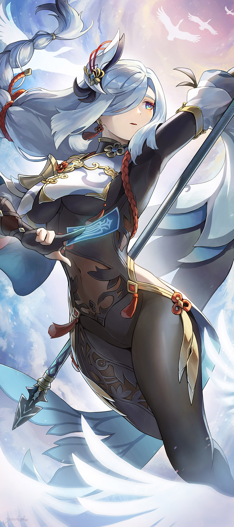 1girl bird bird_hair_ornament black_bodysuit bodysuit braid braided_ponytail breast_curtain breasts cloud cloudy_sky cover crane_(animal) earrings feet_out_of_frame genshin_impact green_eyes grey_hair hair_ornament highres hip_vent holding holding_polearm holding_weapon jewelry long_hair medium_breasts polearm red_rope rope shenhe_(genshin_impact) sky solo tassel tassel_earrings very_long_hair weapon yuiko_(yuiyuiko_108)
