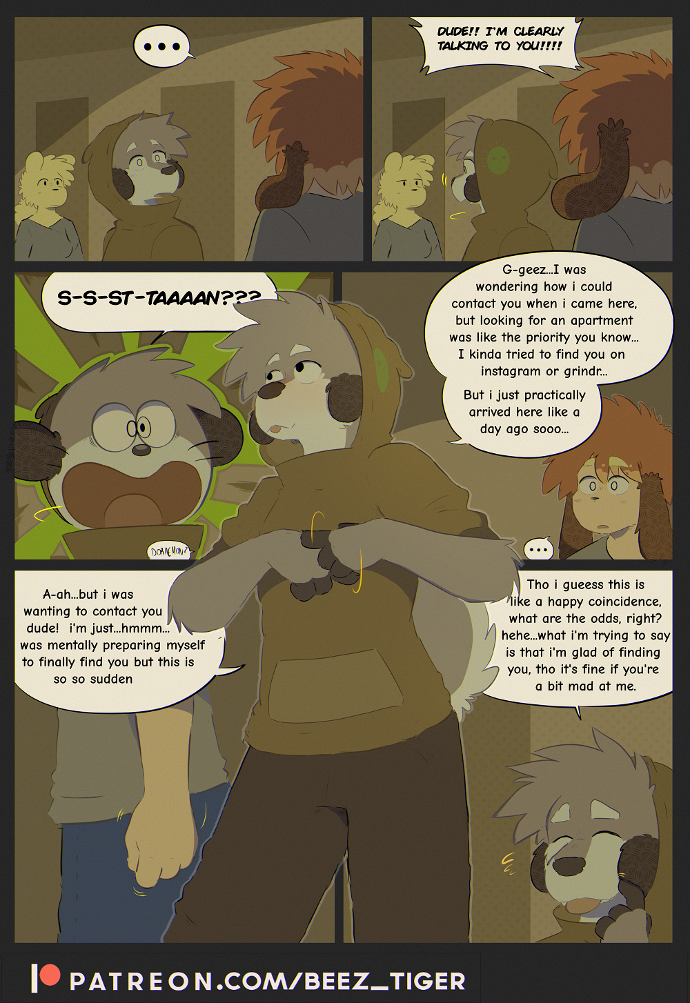 alex_(beez) anthro beez bottomwear bovid canid canine canis caprine clothed clothing comic detailed_background dialogue domestic_dog english_text goat group hair hi_res hood hoodie inside male mammal patreon patreon_logo patreon_username speech_bubble stan_(beez) text tongue tongue_out topwear trio url yelling