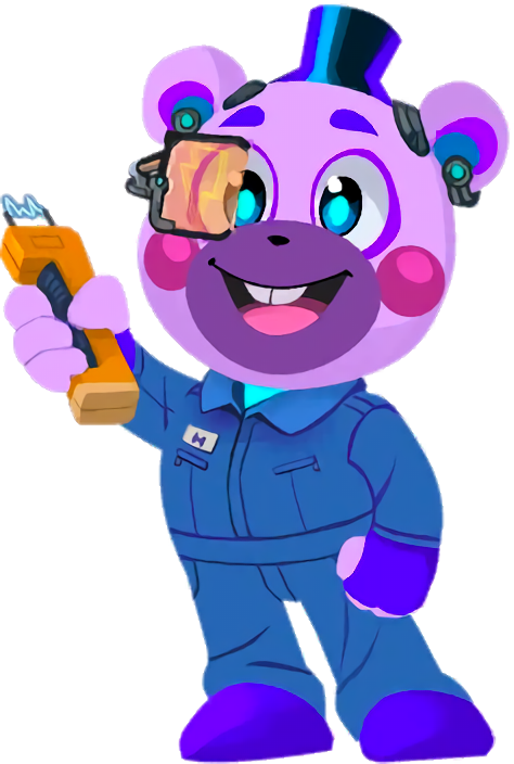 alpha_channel anthro bear blue_clothing blue_eyes buckteeth clothing digital_creature electroshock_weapon five_nights_at_freddy's:_security_breach_ruin footwear happy helpi_(fnaf_ruin) lineless male mammal official_art pink_body pink_cheeks purple_clothing purple_footwear purple_shoes scottgames shaded shoes simple_shading simple_style solo taser teeth unknown_artist weapon