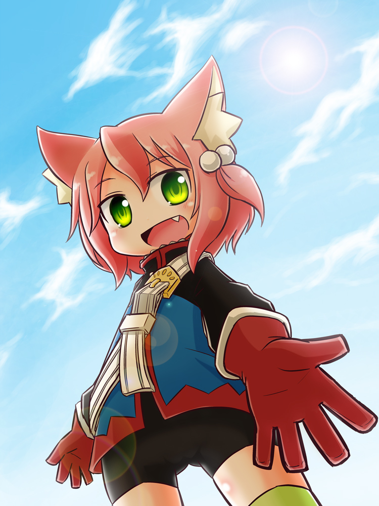 1girl 7th_dragon 7th_dragon_(series) :d animal_ear_fluff animal_ears belt_buckle black_jacket black_shorts blue_sky buckle cloud cloudy_sky day fang fighter_(7th_dragon) gloves green_eyes hair_ornament harukara_(7th_dragon) jacket long_sleeves looking_at_viewer naga_u open_mouth outstretched_arm pink_hair red_gloves short_hair shorts sky smile solo sun