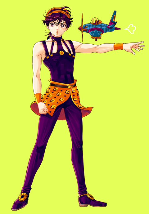 1boy aerosmith_(stand) bare_shoulders black_eyes black_hair full_body headband jojo_no_kimyou_na_bouken k_(kktkk) male_focus miniskirt narancia_ghirga outstretched_arms skirt standing toy_airplane vento_aureo waist_cape