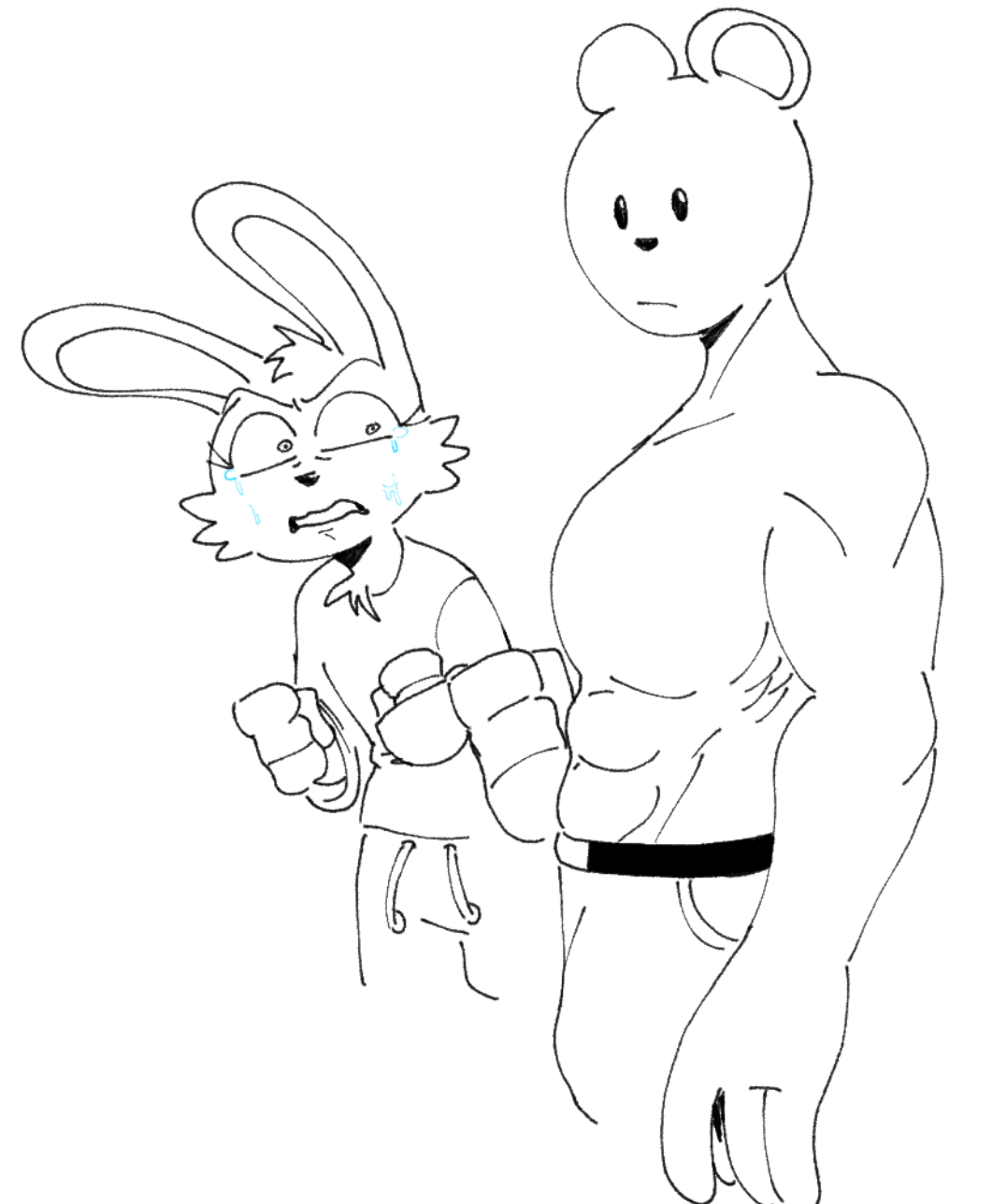 abs anonymous_artist anthro beady_eyes beanie_(roommates) bear big_hands bodily_fluids bonnie_(fnaf) clothed clothing crying duo female fist five_nights_at_freddy's five_nights_at_freddy's_2 frederick_(roommates) girl_staring_at_man's_chest hi_res jealous lagomorph leporid male mammal meme muscular muscular_male rabbit scottgames tears topless topless_male toy_freddy_(fnaf)