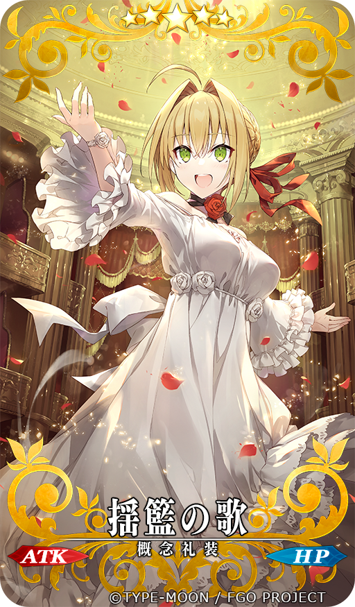 1girl ahoge blonde_hair braid braided_bun breasts craft_essence_(fate) dress fate/grand_order fate_(series) flower frilled_sleeves frills gabiran green_eyes hair_bun hair_intakes large_breasts long_sleeves neck_flower nero_claudius_(fate) official_alternate_costume official_art open_mouth outstretched_arm red_flower red_rose rose single_hair_bun solo teeth upper_teeth_only white_dress