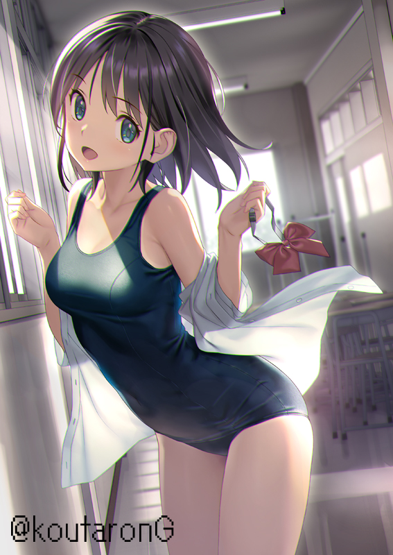 1girl :d bare_legs bare_shoulders black_hair black_one-piece_swimsuit blue_eyes blue_one-piece_swimsuit bow breasts chair cleavage collarbone commentary_request covered_navel cowboy_shot desk hands_up indoors koutaro leaning_forward long_sleeves looking_at_viewer medium_breasts off_shoulder old_school_swimsuit one-piece_swimsuit open_clothes open_mouth open_shirt original red_bow school_chair school_desk school_swimsuit shirt smile solo standing swimsuit swimsuit_under_clothes twitter_username white_shirt window