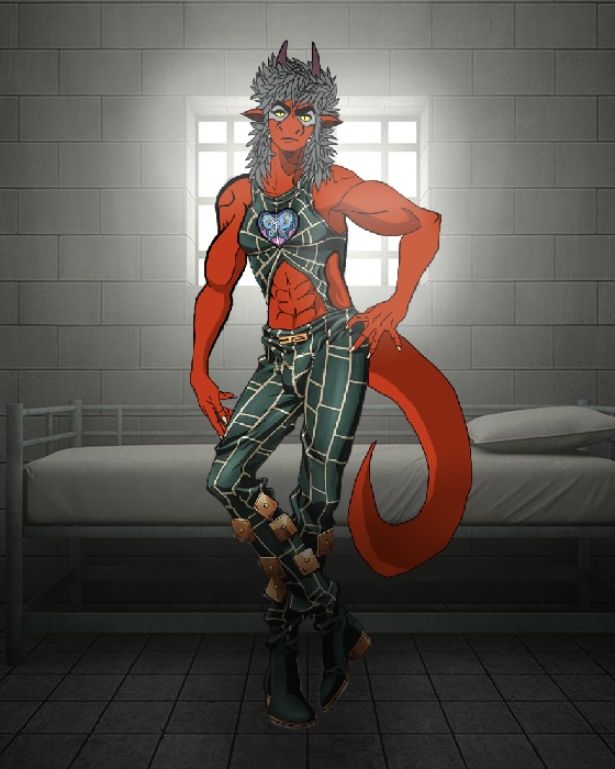 abs anthro bed clothing cosplay costume dragon flave flave_(fursona) furniture hair horn jojo's_bizarre_adventure jolyne_cujoh male muscular prison red_body solo spiky_hair tail wingless_dragon yellow_eyes