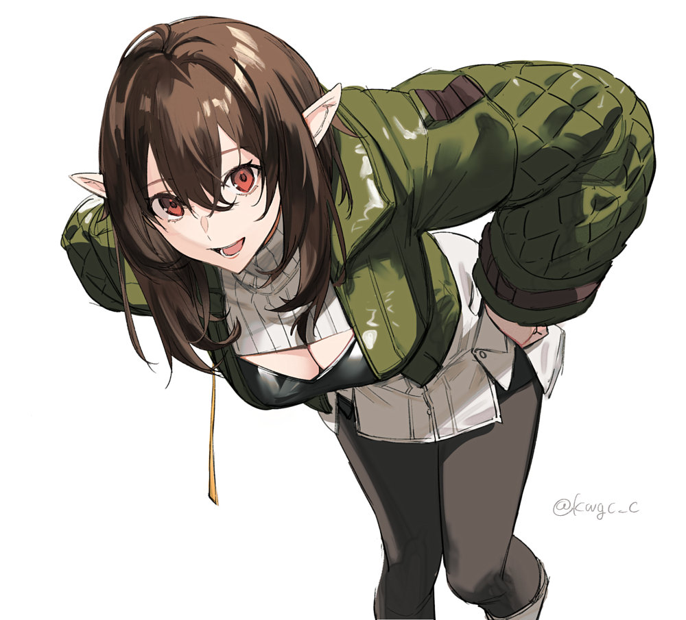 1girl breasts brown_hair cleavage cleavage_cutout clothing_cutout elf hands_on_own_hips jacket kawaguchi_(mojacome) large_breasts leaning_forward leggings medium_hair open_mouth original pointy_ears skirt solo