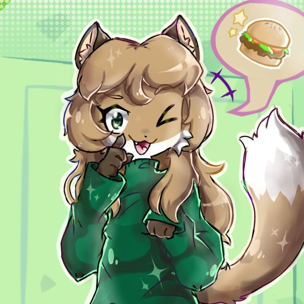 anthro averi_(fiddleafox) brown_body brown_fur burger canid canine clothing dipstick_tail female female_anthro food fox fur gloves_(marking) green_clothing green_eyes hair mammal markings one_eye_closed pictographics simple_background solo speech_bubble tail tail_markings unknown_artist white_body white_fur wink