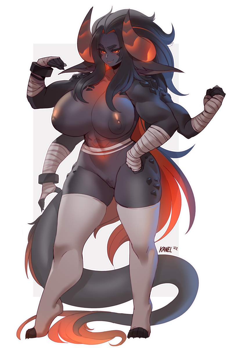 2022 4_arms amber_(nrg900) anthro areola arm_wraps artist_name big_breasts black_hair breasts clothing dragon feet female fingers genitals hair hi_res horn kanel legwear long_hair looking_at_viewer multi_arm multi_limb muscular muscular_anthro muscular_female nipples pussy solo tail toeless_legwear toes white_clothing white_legwear wraps