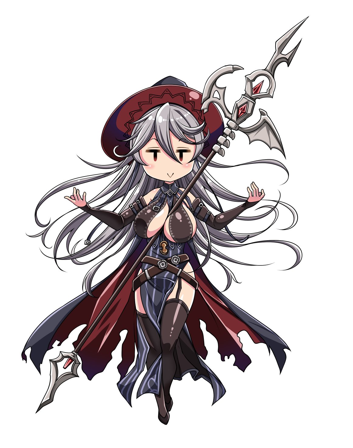 1girl :&gt; between_breasts breasts cape commentary_request detached_sleeves full_body garter_straps granblue_fantasy grey_hair hat highres large_breasts long_hair magisa_(granblue_fantasy) pelvic_curtain polearm satsuki_imonet solid_oval_eyes solo thighhighs torn_cape torn_clothes weapon witch_hat