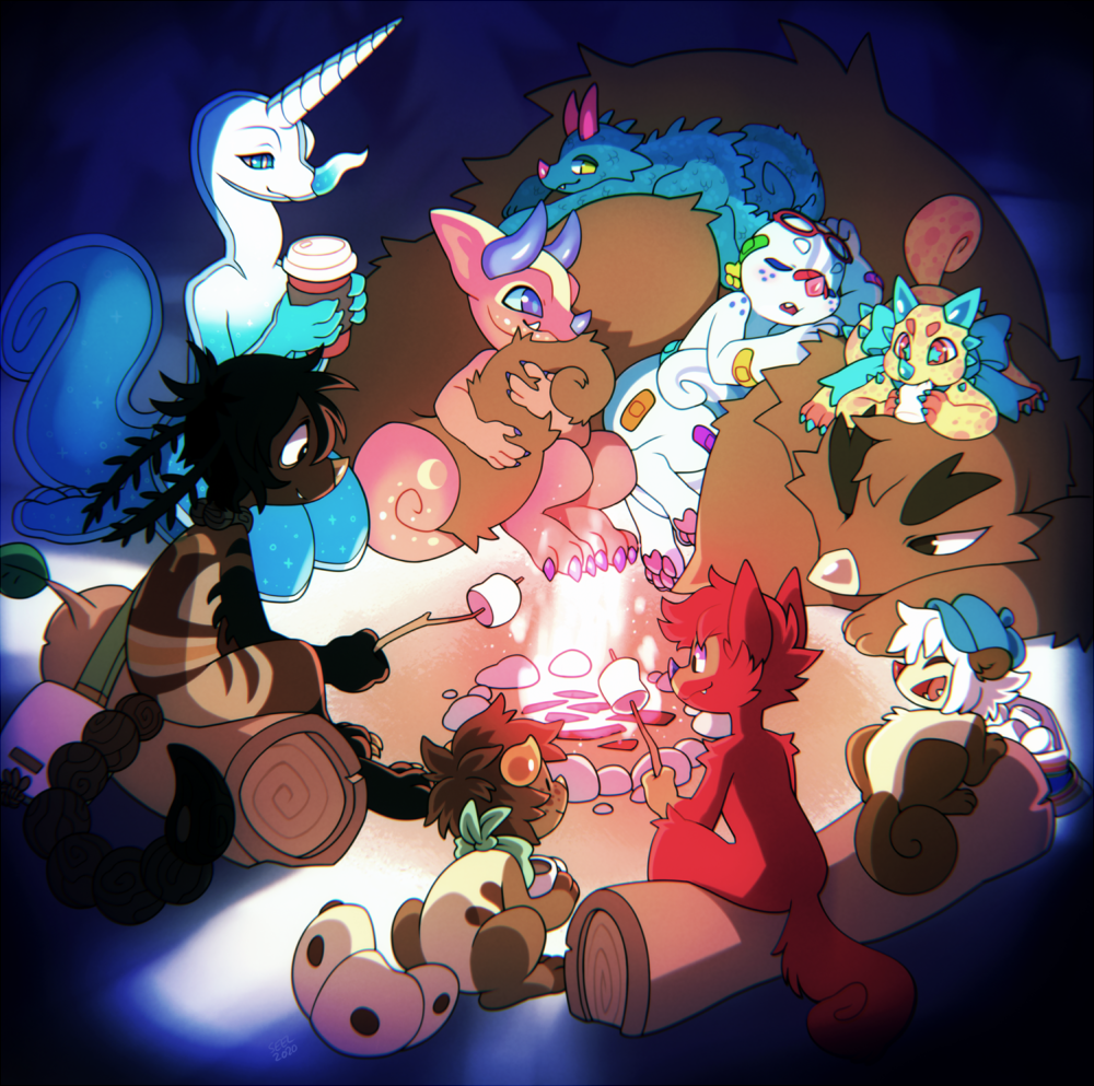 ambiguous_gender anthro bear campfire chimereon feral group holding_tail_up mammal roasting_marshmallow seelnose sitting_on_log sleeping tail tail_hug